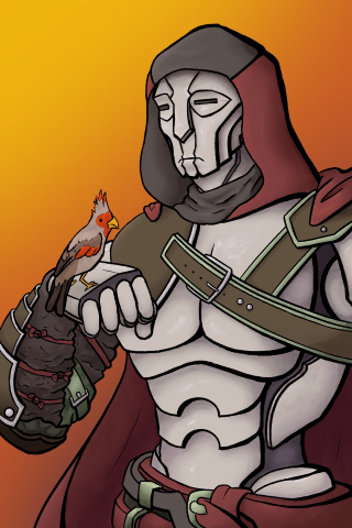 Digital illustration of a robot holding a female cardinal.